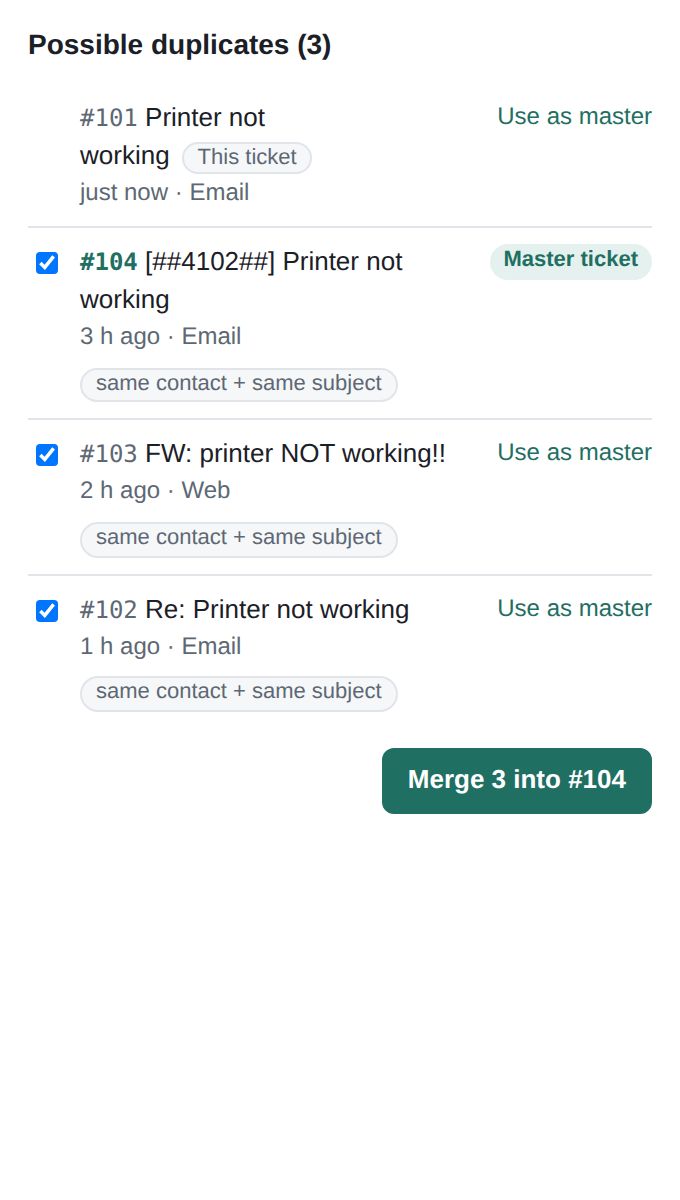 Side panel listing two likely duplicates of the open ticket, each with a match reason, and a Merge button